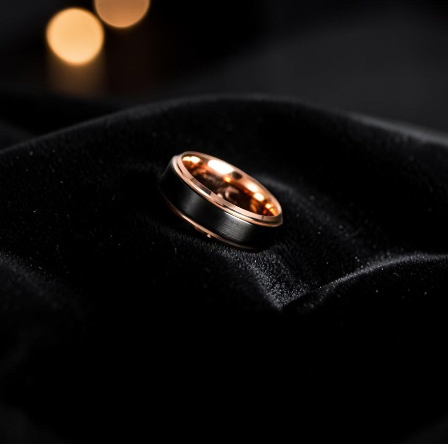 Mens & Couples Promise Ring - Black & Rose Gold Tungsten | 4mm, 6mm, or 8mm