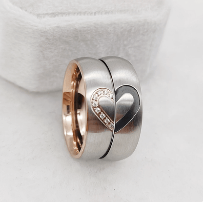 6mm Rose Gold & Black Brushed Dome Heart Shape Titanium Couples Rings (2pc/Set)