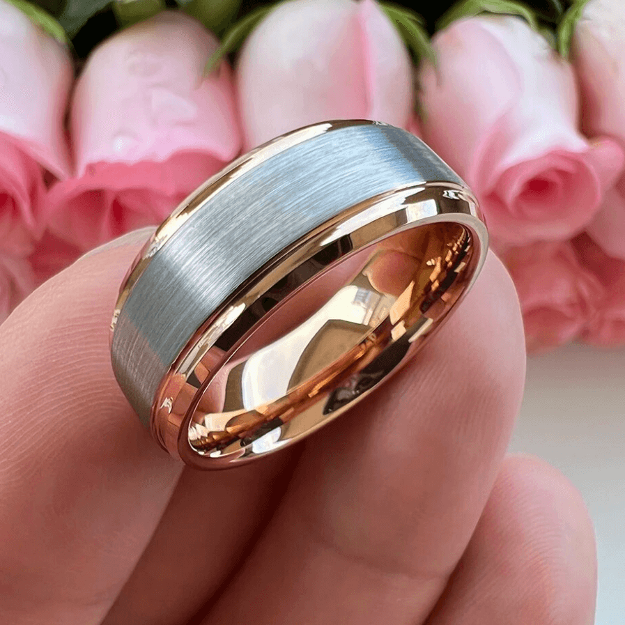 8mm Rose Gold Plated Silver Matte Tungsten Mens Ring