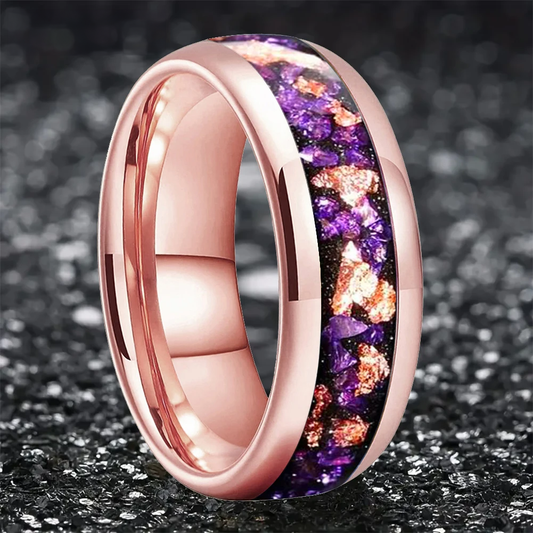 8mm Amethyst Gold Stone Tungsten Unisex Ring (4 Colors)