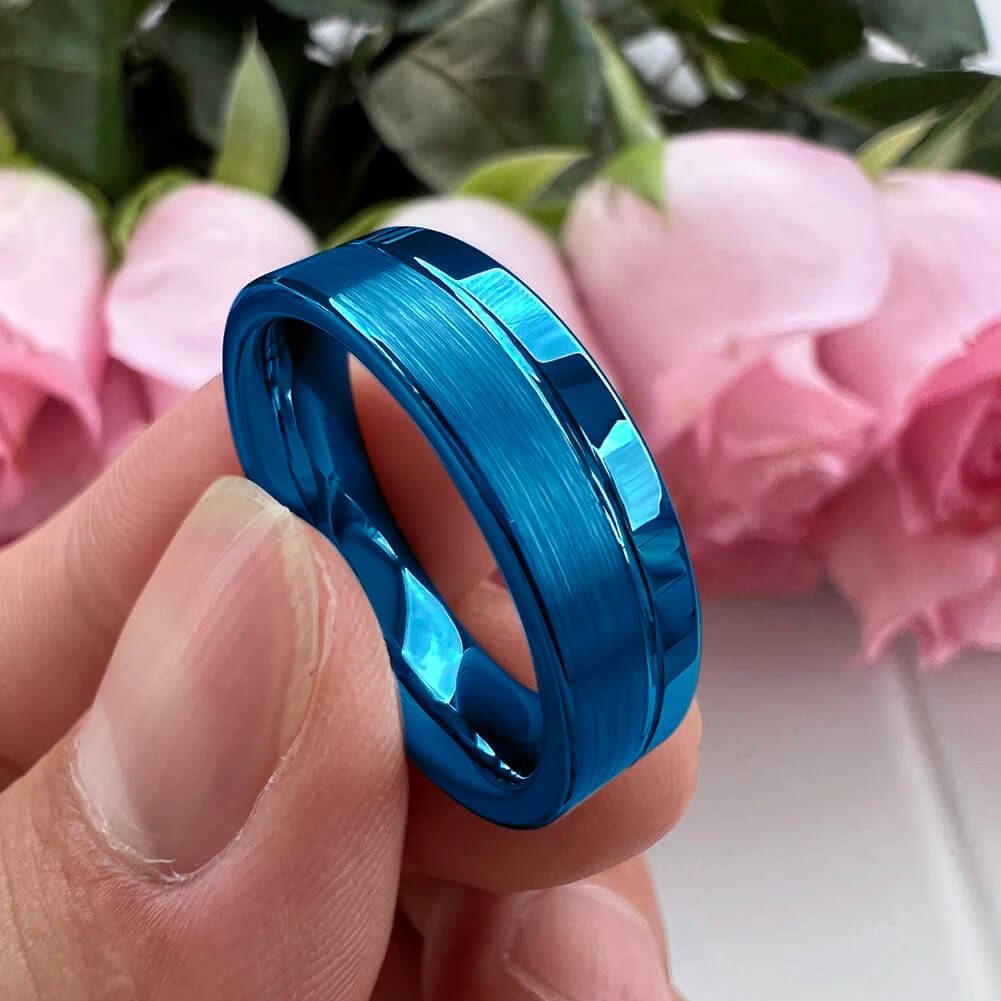 6mm & 8mm Royal Blue Color Offset Groove Two Tone Tungsten Unisex Rings