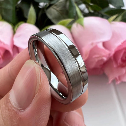 6mm & 8mm Silver Color Offset Groove Two Tone Tungsten Unisex Rings