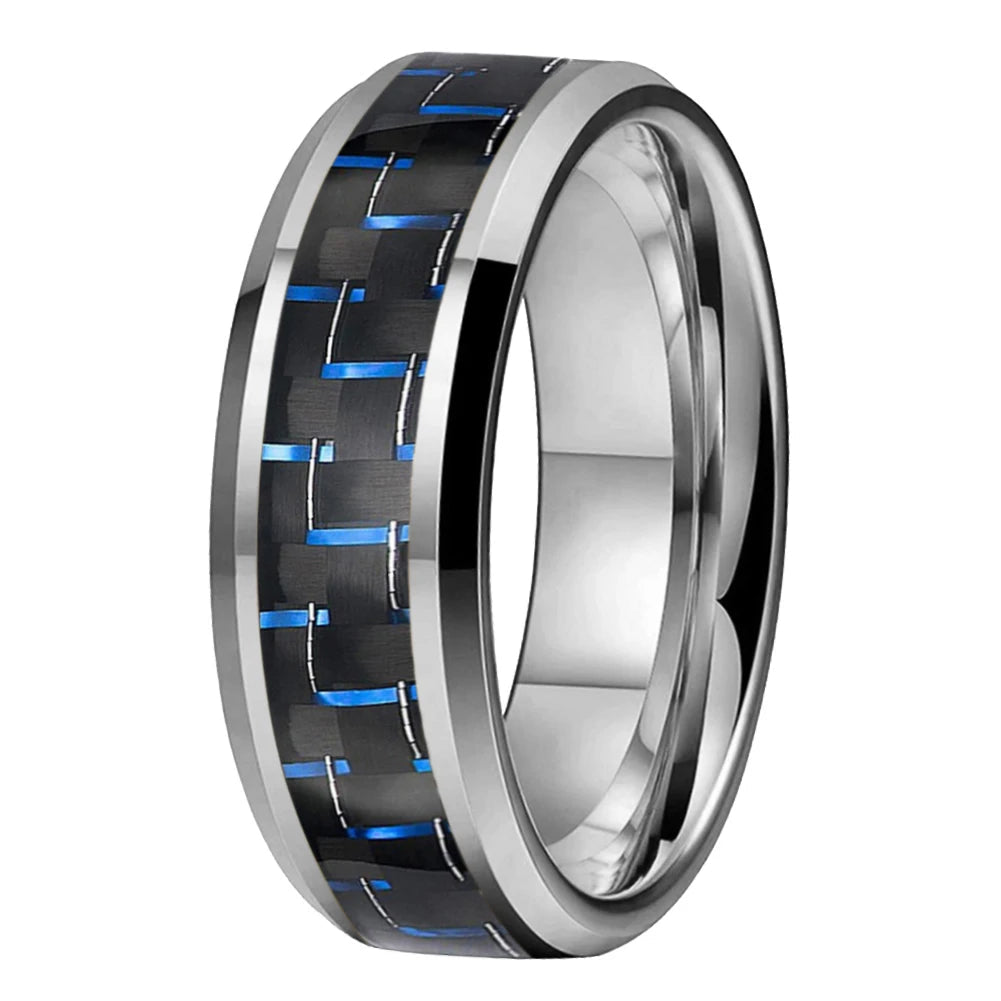 6mm, 8mm Silver Tungsten Ring – Blue Carbon Fiber Inlay (Men’s) - Promise Rings