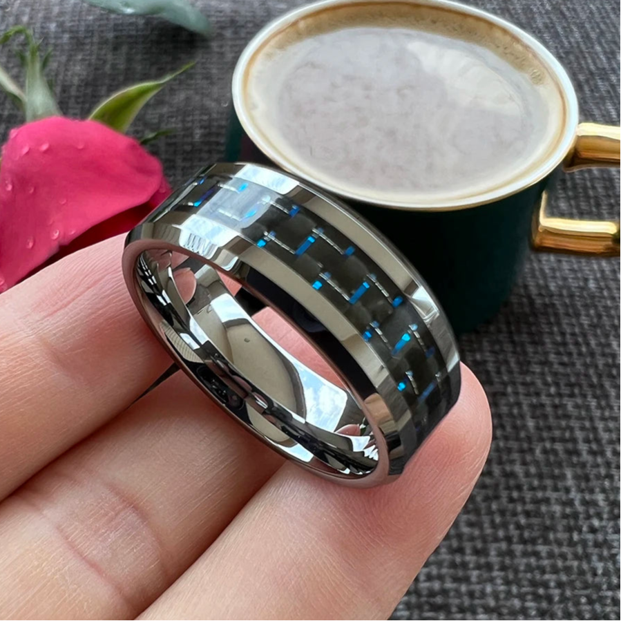 6mm, 8mm Silver Tungsten Ring – Blue Carbon Fiber Inlay (Men’s) - Promise Rings