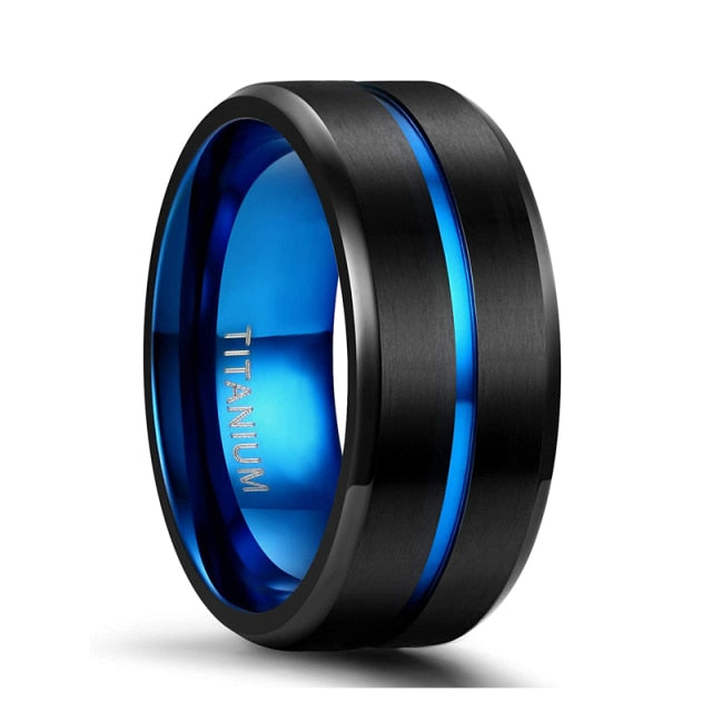 10mm Black & Blue Centre Groove Matte Titanium Unisex Rings - Promise Rings