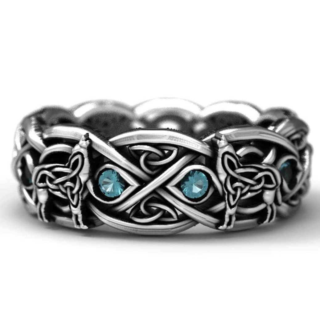 10mm Celtic Knot Wolf & Blue Stones Silver Unisex Ring - Promise Rings