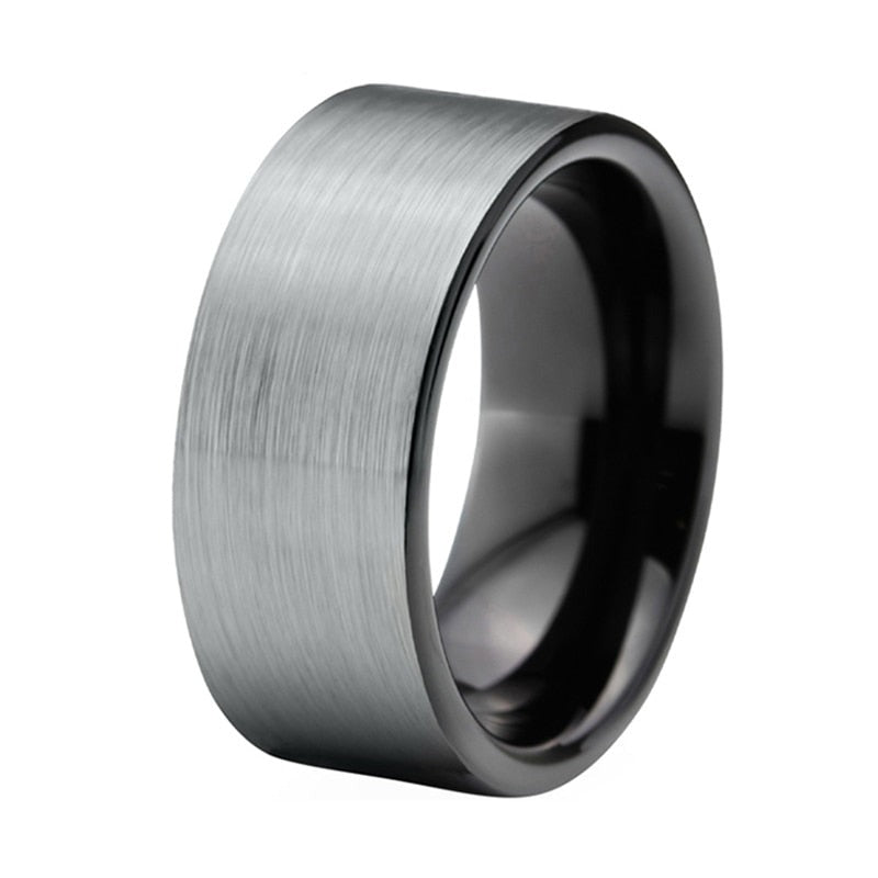 10mm Silver Matte Brushed & Black Tungsten Men's Ring - Promise Rings