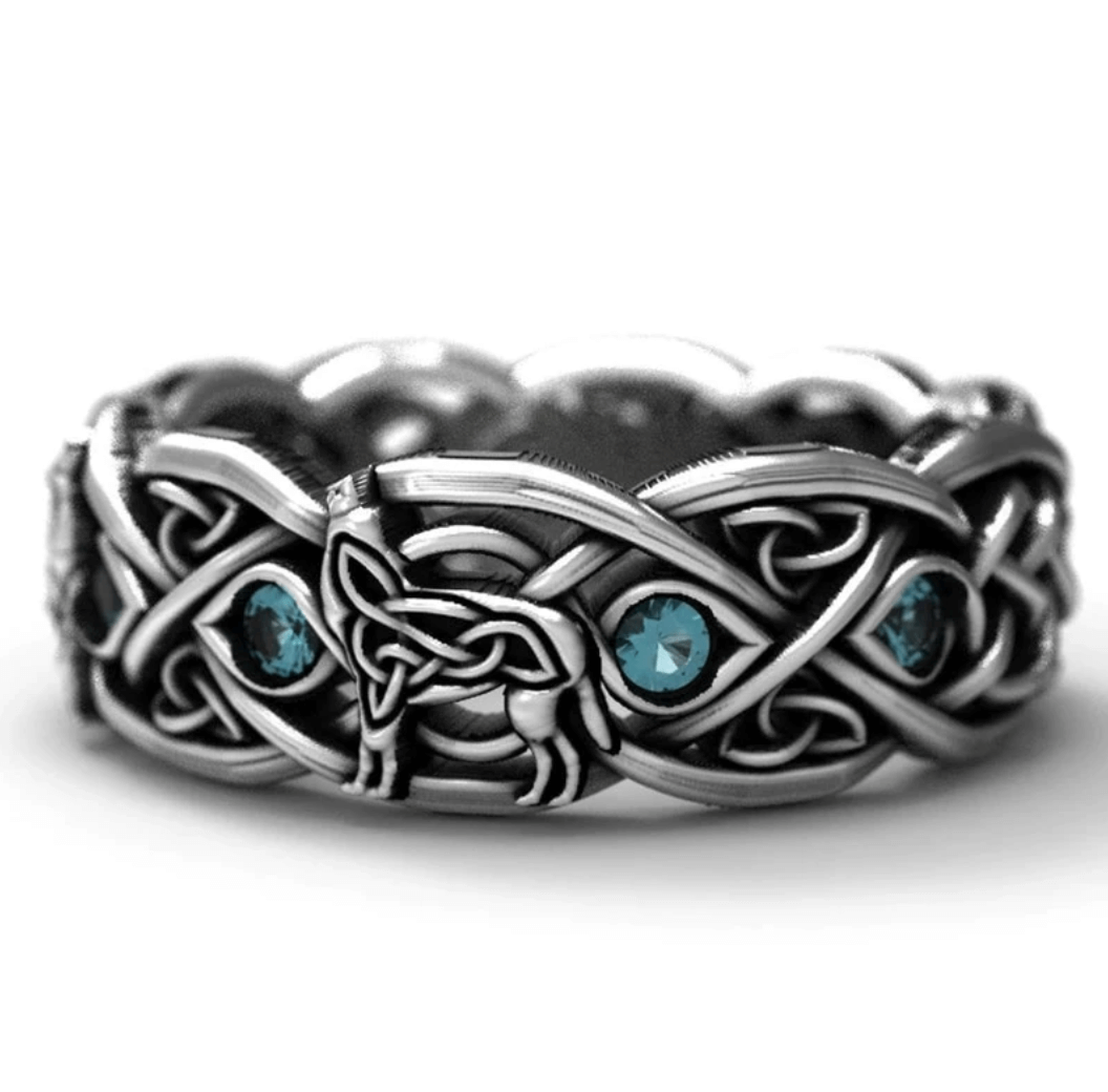 10mm Celtic Knot Wolf & Blue Stones Silver Unisex Ring