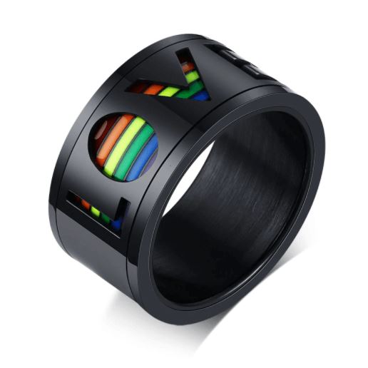 11mm Black & Rainbow LOVE Mens Spinner Ring - Promise Rings