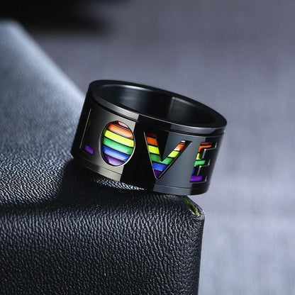 11mm Black & Rainbow LOVE Mens Spinner Ring - Promise Rings