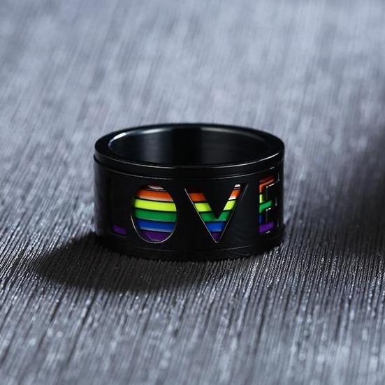 11mm Black & Rainbow LOVE Mens Spinner Ring - Promise Rings