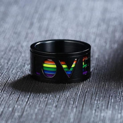 11mm Black & Rainbow LOVE Mens Spinner Ring - Promise Rings