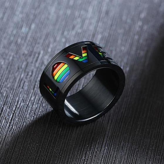 11mm Black & Rainbow LOVE Mens Spinner Ring - Promise Rings