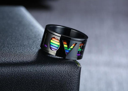 11mm Black & Rainbow LOVE Mens Spinner Ring - Promise Rings