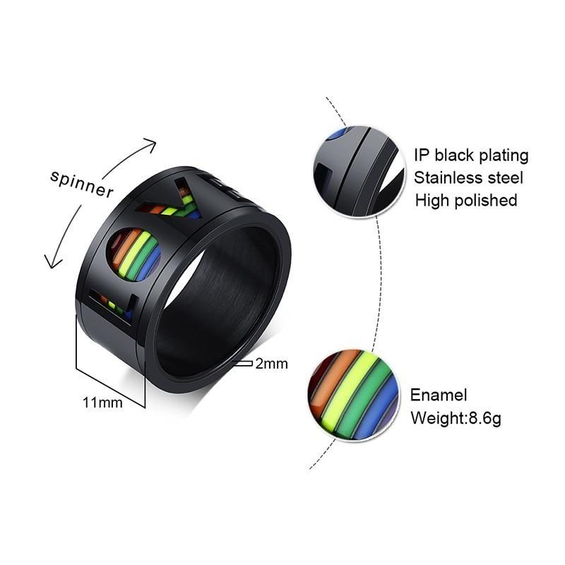 11mm Black & Rainbow LOVE Mens Spinner Ring - Promise Rings