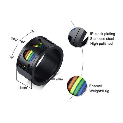 11mm Black & Rainbow LOVE Mens Spinner Ring - Promise Rings