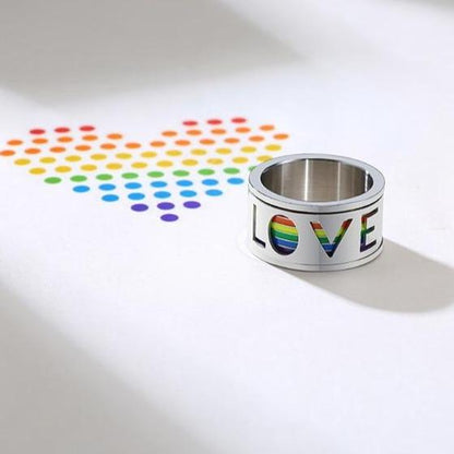 11mm Silver & Rainbow LOVE Mens Spinner Ring (Stress Relief)