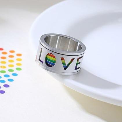 11mm Silver & Rainbow LOVE Mens Spinner Ring (Stress Relief)