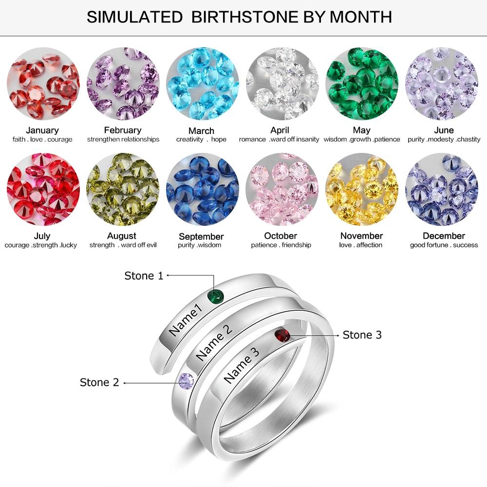 13mm Personalized Customized with 3 Names & Birthstones Ring