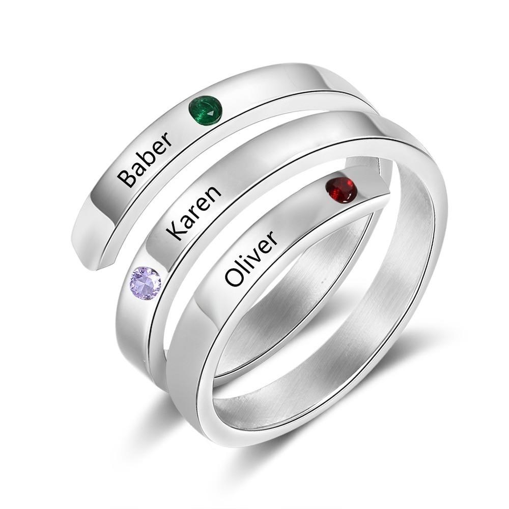 13mm Personalized Customized with 3 Names & Birthstones Ring