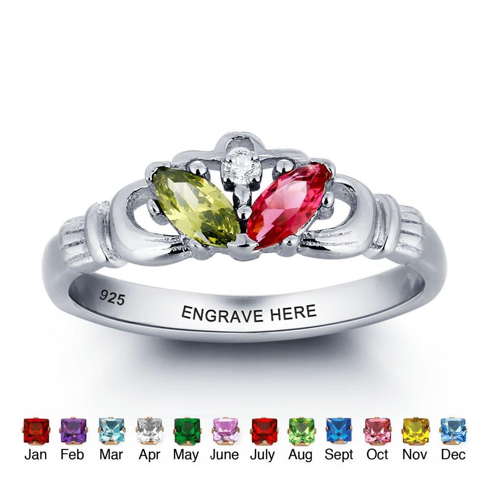 Claddagh 925 Sterling Silver Womens Ring - 2 Birthstones + 1 Engraving
