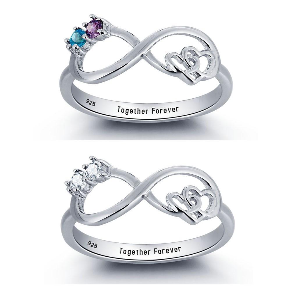 2 Birthstones + 1 Engraving Sterling Silver Infinity Hearts Womens Ring, 5 / Rest of World