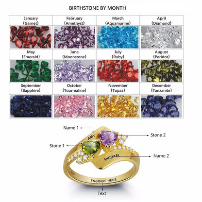 2 Heart Birthstones + 3 Engravings Gold Plated 925 Sterling Silver