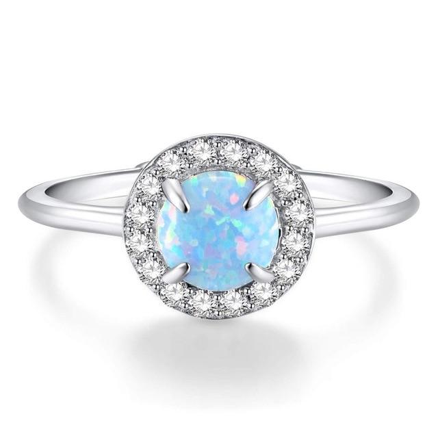 4mm Blue Fire Opal & Simulated Moissanite Ring - Silver Filled, Sizes 7-10, Lab-Created Beauty