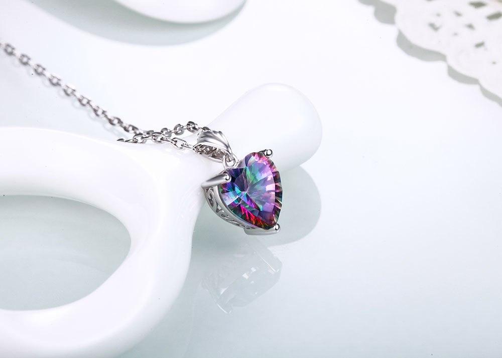 3.2ct Created Fire Rainbow Mystic Heart Topaz 925 Sterling Silver Necklace