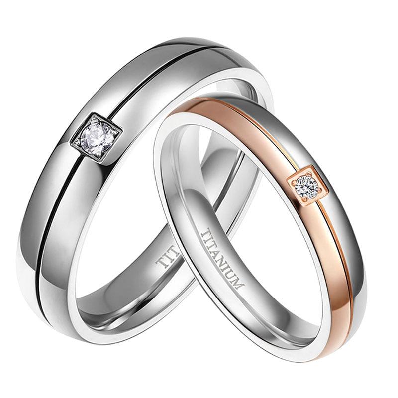 4mm & 5mm Rose Gold/Silver Color Titanium Couples Rings (Set/2Pc) - Promise Rings