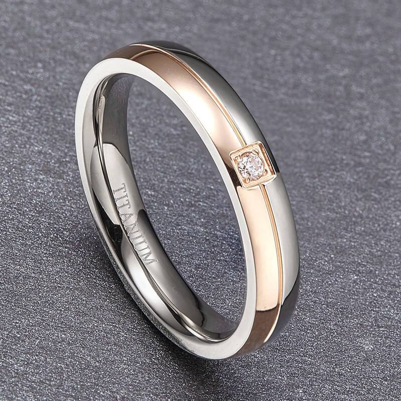 4mm & 5mm Rose Gold/Silver Color Titanium Couples Rings (Set/2Pc) - Promise Rings