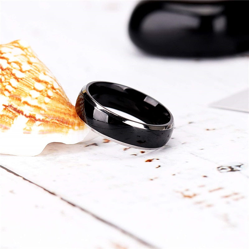4mm, 6mm or 8mm Polished Black & Silver Edges Titanium Unisex Ring - Promise Rings