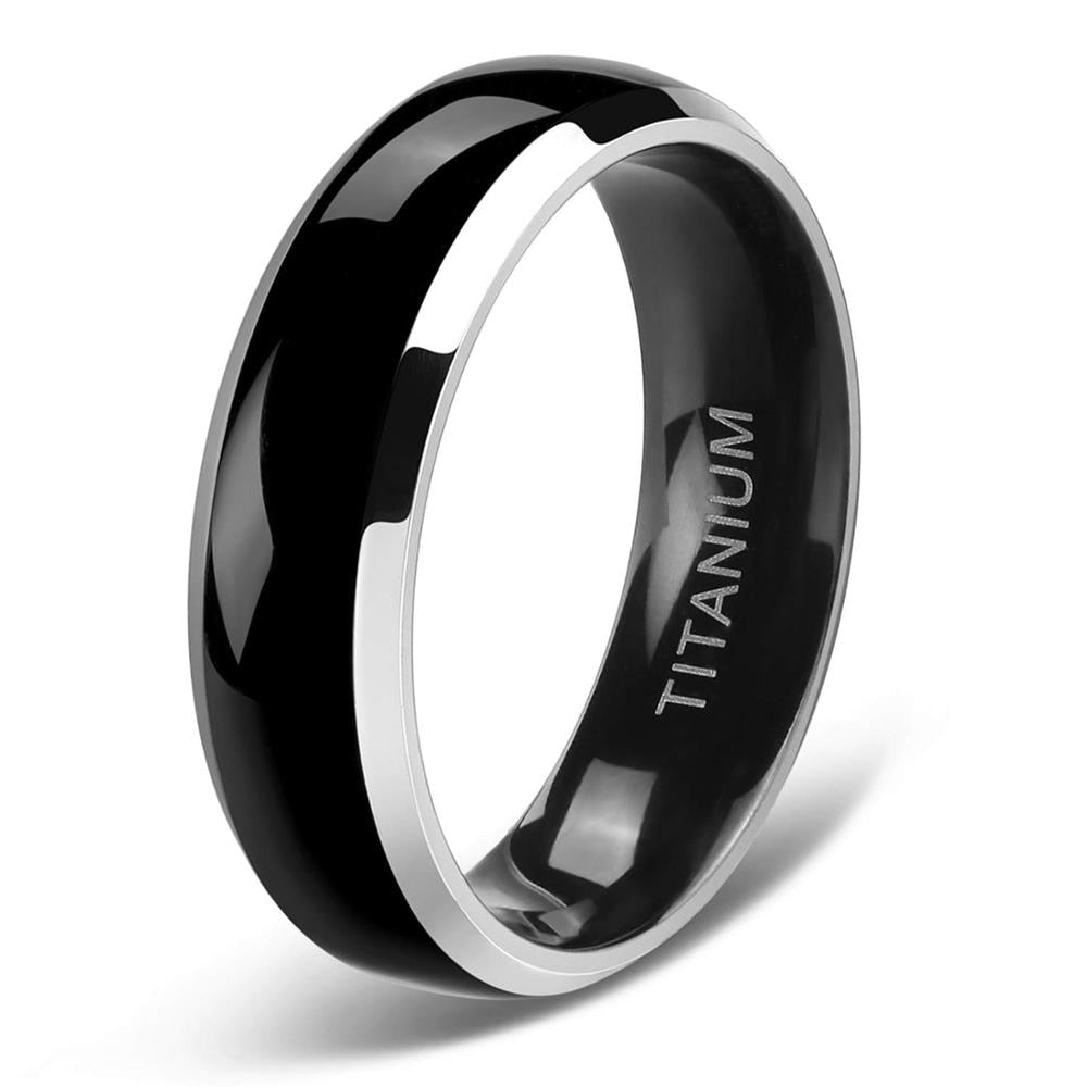 4mm, 6mm or 8mm Polished Black & Silver Edges Titanium Unisex Ring - Promise Rings