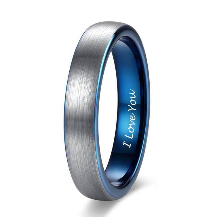 4mm I Love You Engraved Blue Silver Tungsten Unisex Ring - Promise Rings