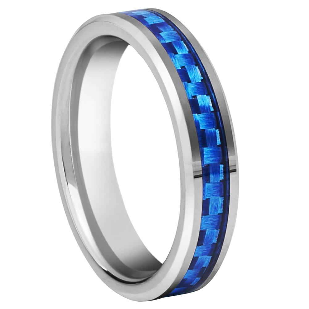4mm Blue Carbon Fiber Inlay Silver Tungsten Womens Ring