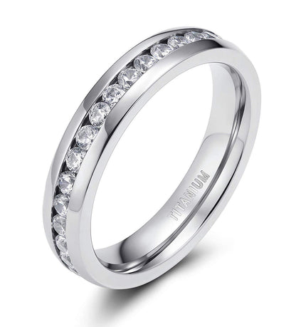 4mm or 6mm Luxury Cubic Zirconia Titanium Silver Unisex Rings
