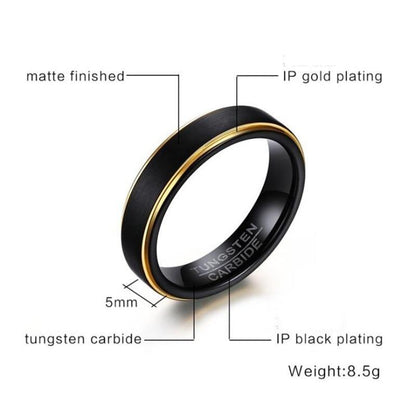 5mm Thin Black and Gold Plated Tungsten Mens Ring - Promise Rings