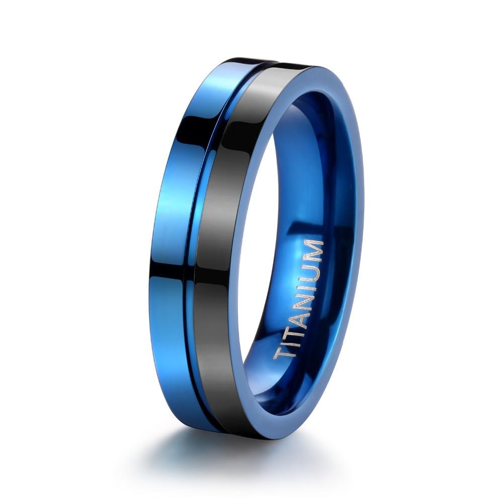 5mm Two Tone Blue & Black Polished Titanium Mens Ring - Promise Rings