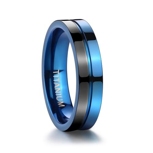 5mm Two Tone Blue & Black Polished Titanium Mens Ring - Promise Rings