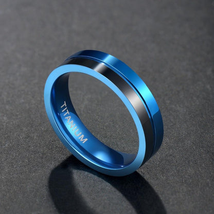 5mm Two Tone Blue & Black Polished Titanium Mens Ring - Promise Rings