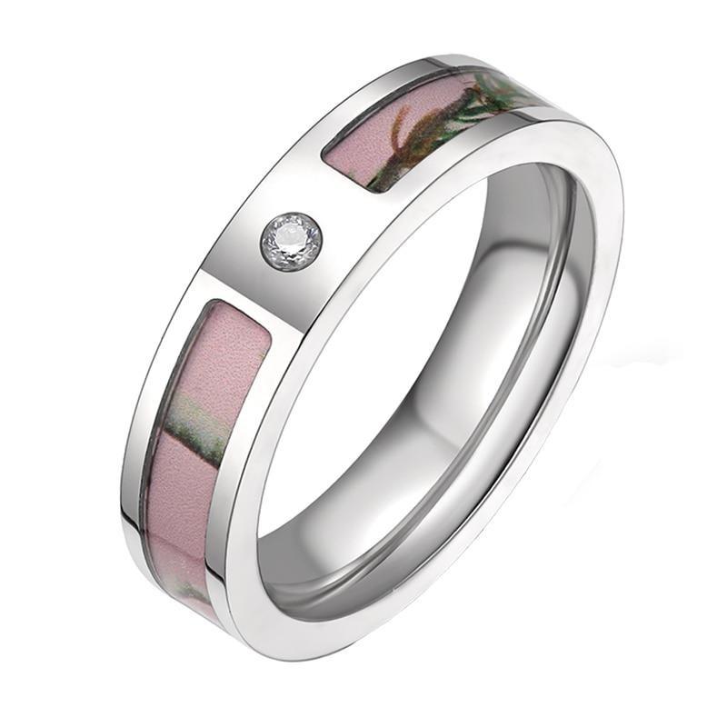 5mm Cubic Zirconia Pink Forest Tree Camo Titanium Womens Ring