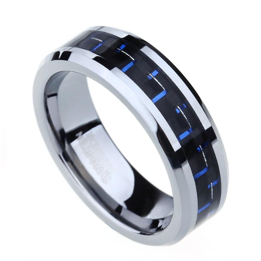 6mm, 8mm Black & Blue Carbon Fiber Inlay Tungsten Unisex Ring - Promise Rings