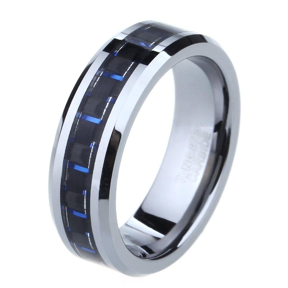 6mm, 8mm Black & Blue Carbon Fiber Inlay Tungsten Unisex Ring - Promise Rings