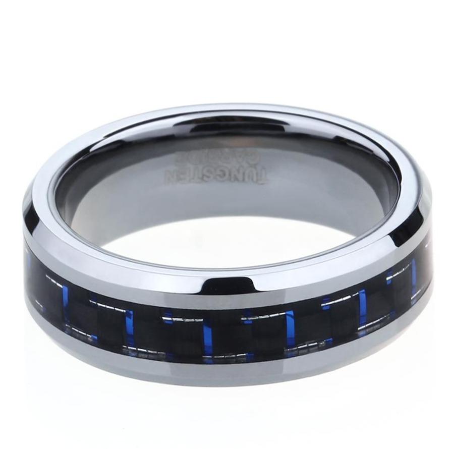 6mm, 8mm Black & Blue Carbon Fiber Inlay Tungsten Unisex Ring - Promise Rings