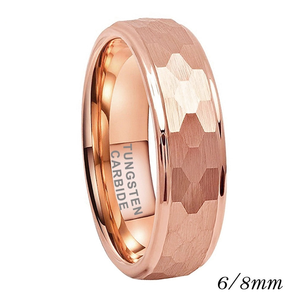 6mm, 8mm Hammered Tungsten Unisex Rose Gold Rings - Promise Rings