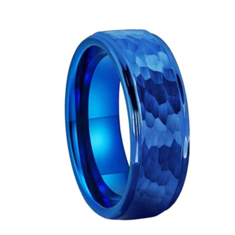 6mm & 8mm Royal Blue Hammered Tungsten Unisex Rings - Promise Rings