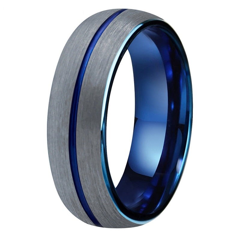 6mm Blue Center Groove & Silver Tungsten Unisex Ring - Promise Rings