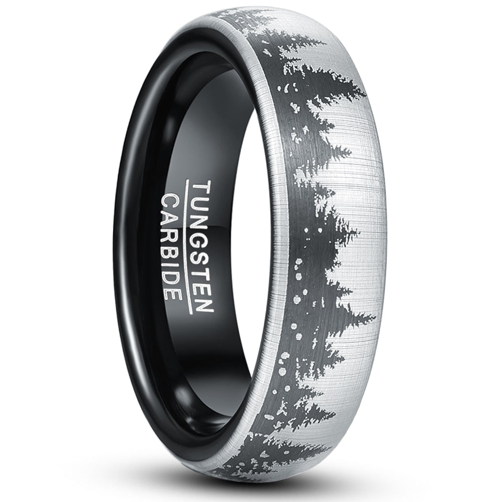 6mm Forest Pine Trees Tungsten Black & Silver Unisex Ring - Promise Rings