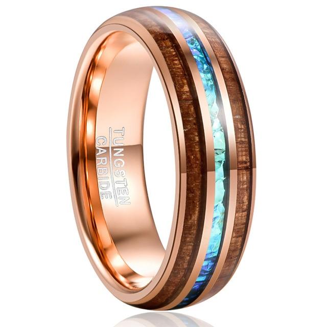 6mm Hawaiian Koa Wood & Acacia Imitation Opal Rose Gold Tungsten Mens Ring - Promise Rings