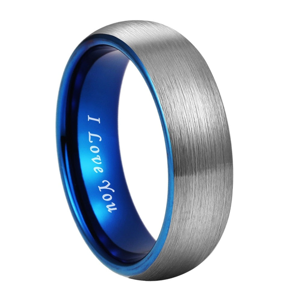 6mm "I Love You" Engraved Blue & Silver Tungsten Ring – Domed Comfort Fit (Unisex)